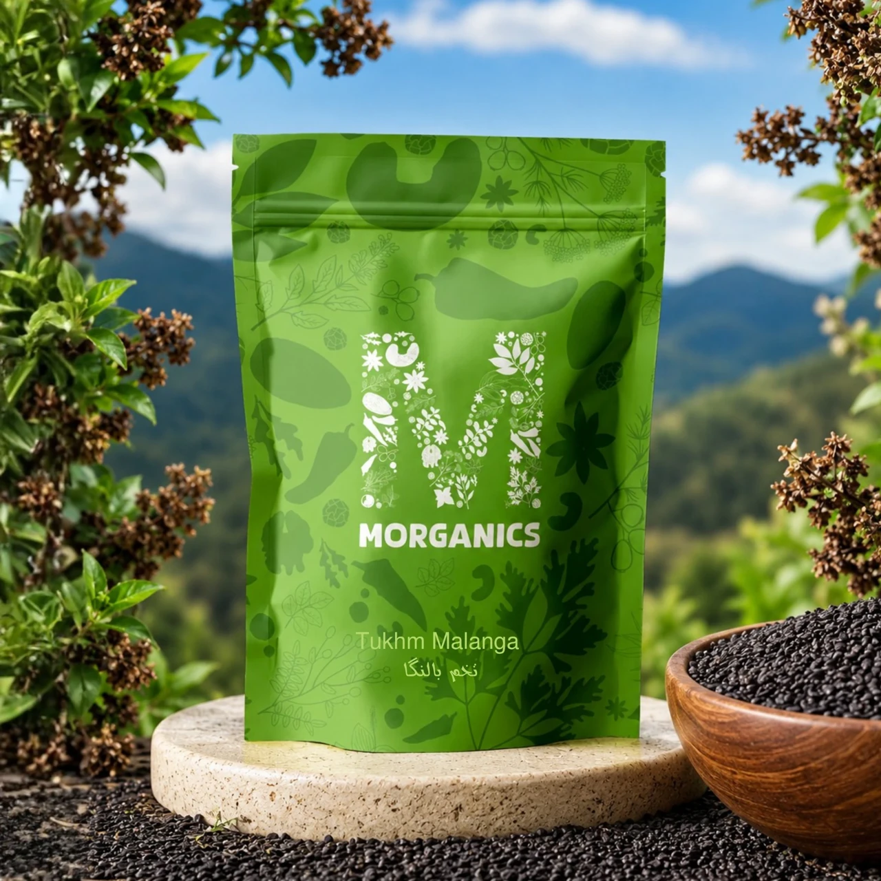 Morganics — Product pouch and ingredient-led campaign visual 15