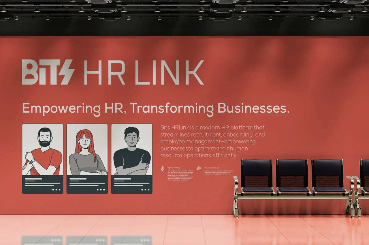 Bits HR Link — large-format reception and brand wall