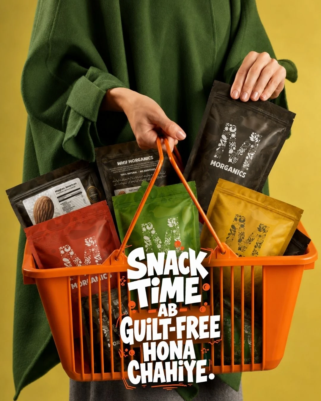 Morganics social media creative — Snack-time campaign with shopping basket