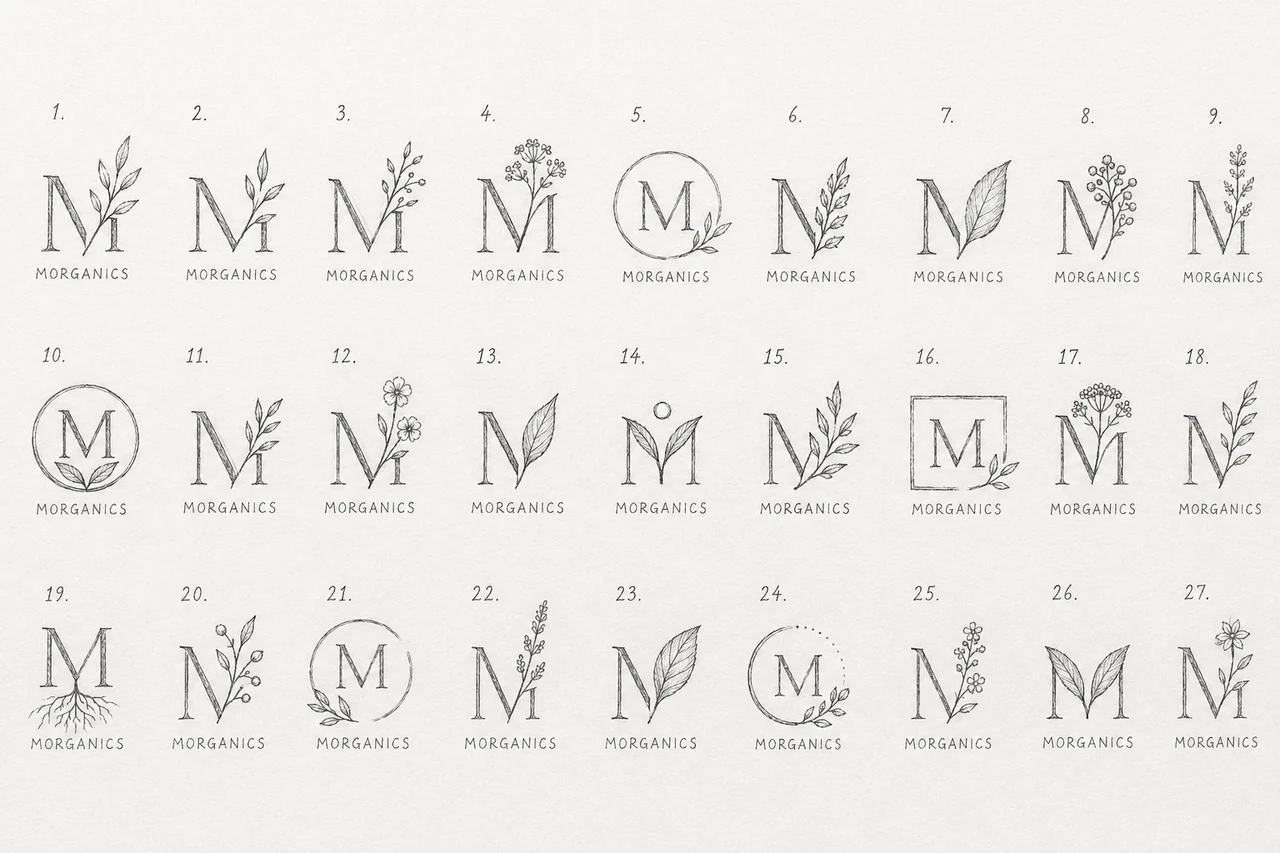 Morganics — Logo concept explorations, third sheet