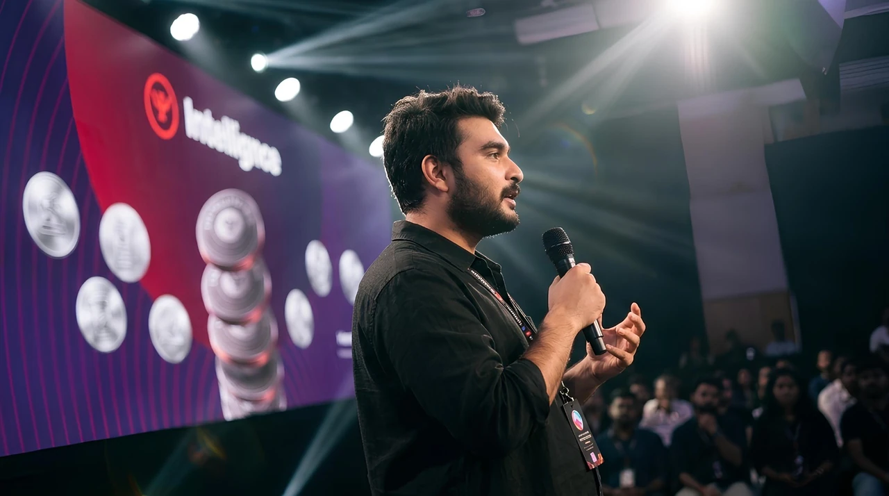 Hadi Hassan speaking on stage with a microphone, viewed from the side