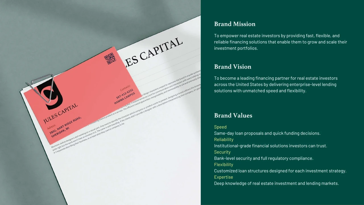 Jules Capital Partners — brand materials and colour applications