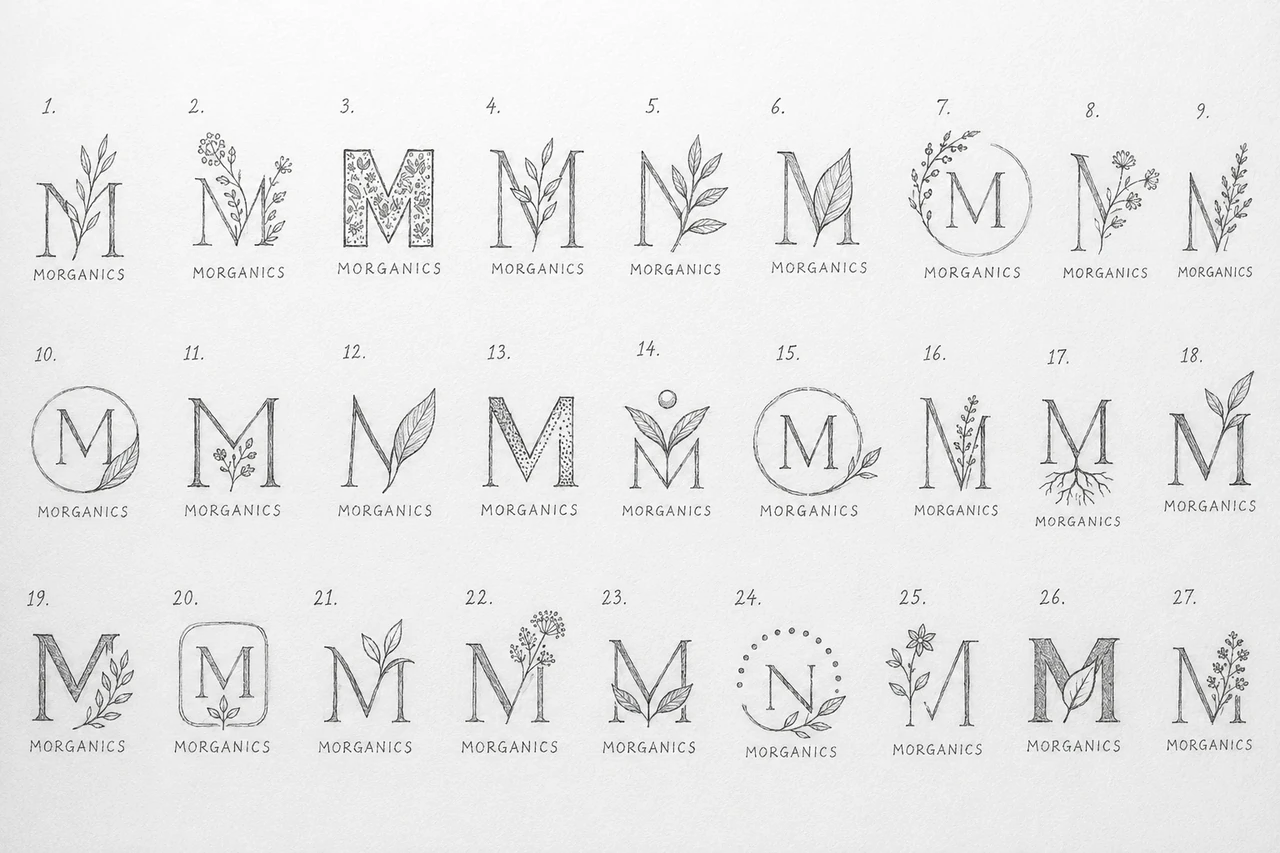 Morganics — Logo concept explorations, first sheet