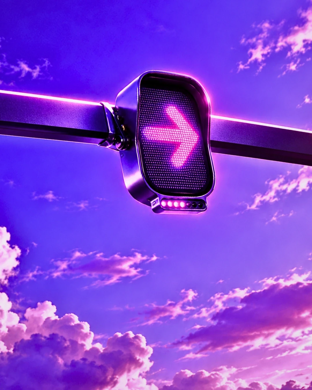Illuminated purple direction arrow against a vivid sky