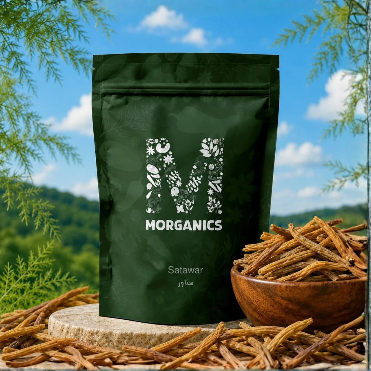 Morganics — Product pouch and ingredient-led campaign visual 1