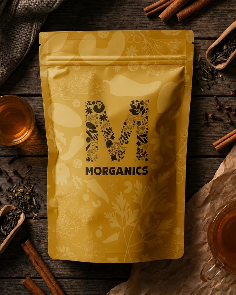Morganics social media creative — Spice packaging and ingredient visual