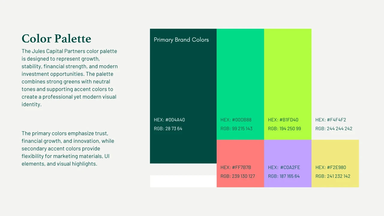 Jules Capital Partners — colour palette and supporting accents