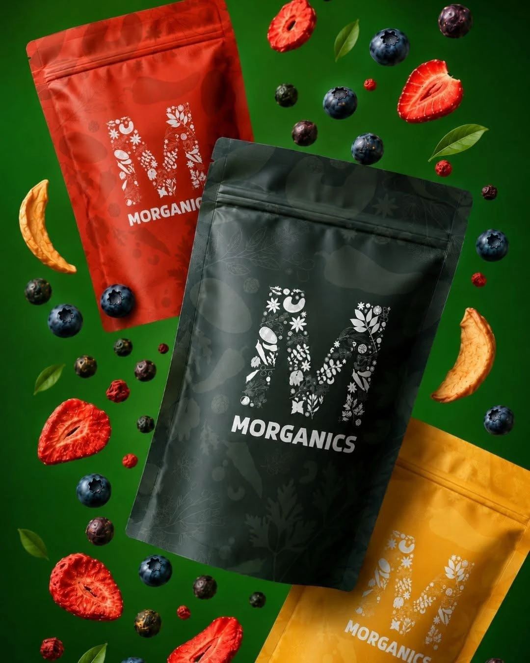 Morganics social media creative — Mixed fruit and pantry product campaign