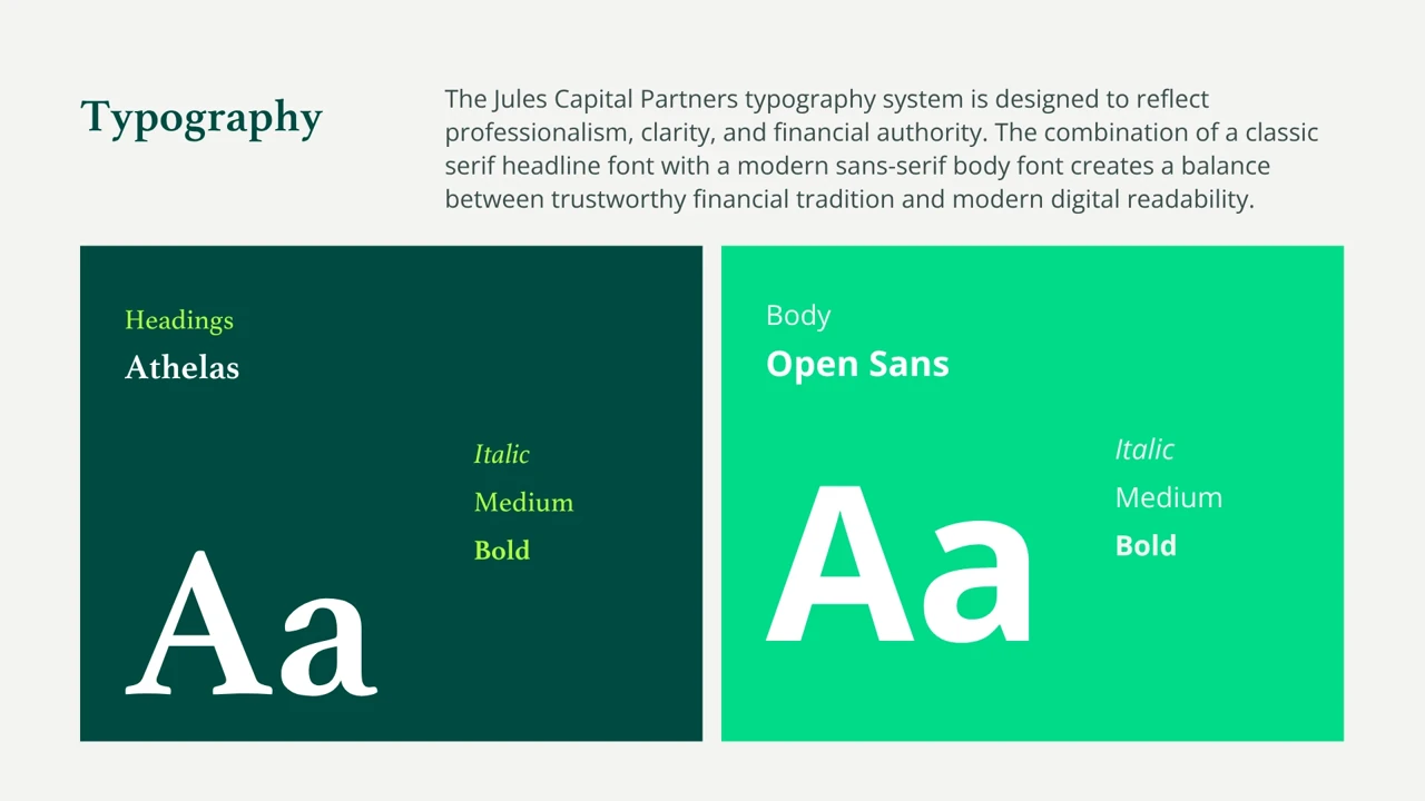 Jules Capital Partners — Athelas and Open Sans typography system