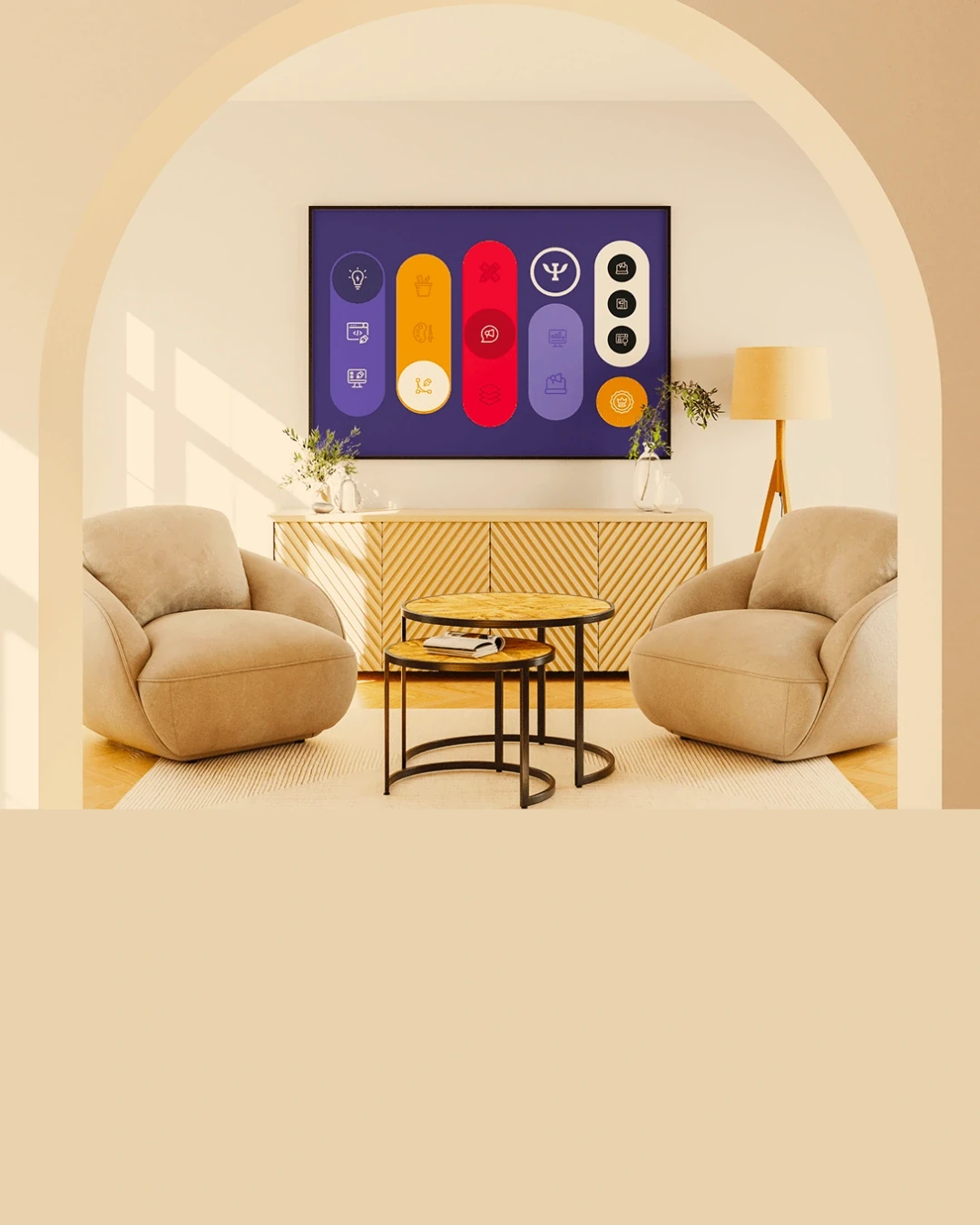 INTELLIGNCE creative service artwork displayed in a warm contemporary interior