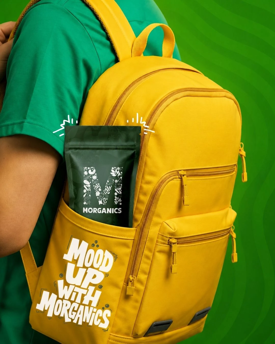Morganics social media creative — On-the-go campaign with yellow backpack