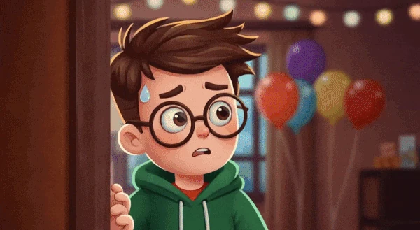 Illustrated character reacting at a birthday party — AI animation by Hadi Hassan