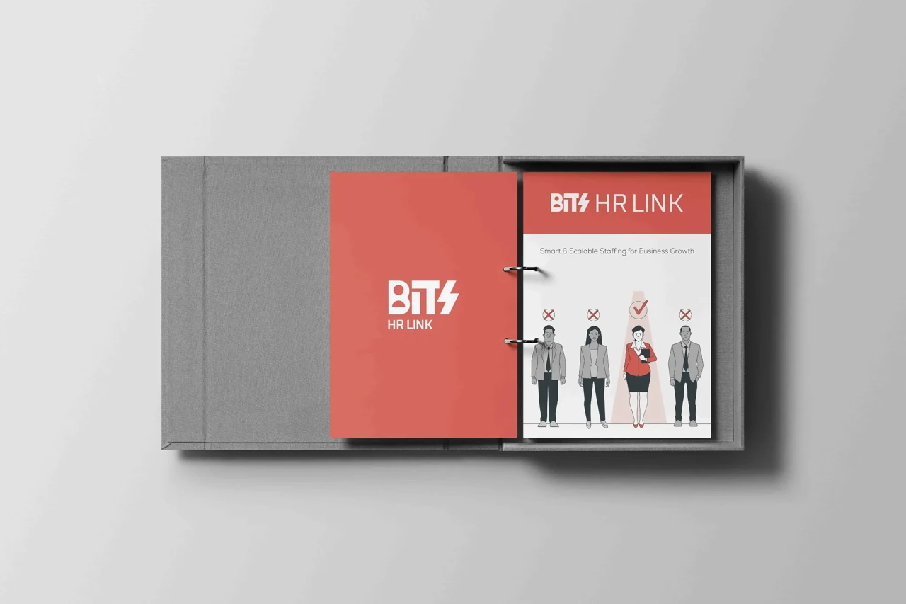 Bits HR Link — brand brochure cover and spread